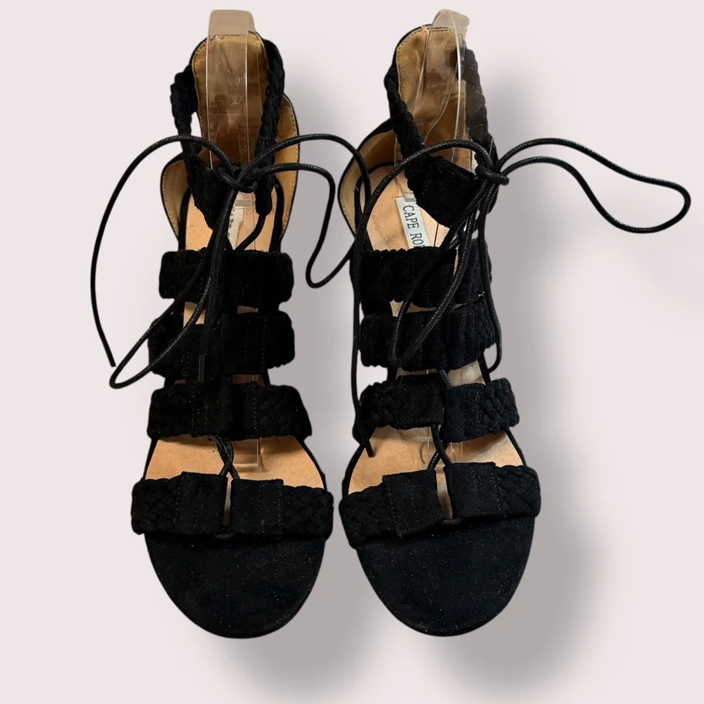 Cape Robbin Black Lace Up Braided Strap Block Heel Sandals Women’s Size 9